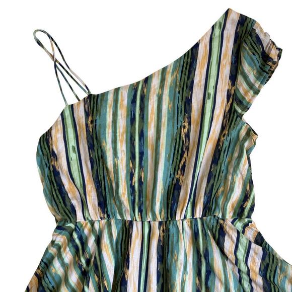 Free People Sz L Heart Shaped Face Asymmetrical Ruffled Mini Dress Green Boho - Picture 9 of 16